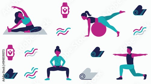 A vibrant collection of diverse fitness and wellness activities, featuring people exercising and related health icons.