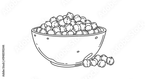 Bowl of Chickpeas, Garbanzo Beans, Legumes, Healthy Food Ingredient, Black and White Line Art