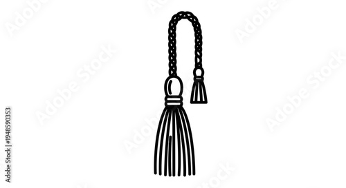 Braided Cord Tassel with Decorative Knot and Fringe - Isolated Black and White Icon