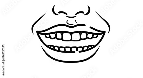 Cartoon Mouth Smiling Wide Showing Gaps in Teeth, Black and White Line Art