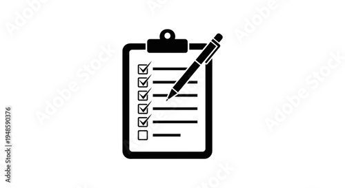 Checklist Clipboard with Pen, Task Completion, To-Do List, Survey, Exam, or Questionnaire Icon