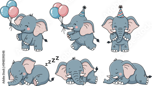Cute baby elephant vector set featuring character poses with party balloons and sleeping animations for nursery decor birthday cards and baby shower designs.