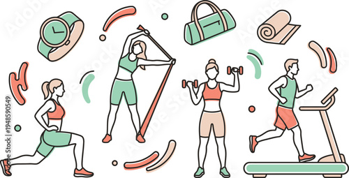 Various fitness exercises and equipment icons depict a comprehensive healthy workout routine collection.