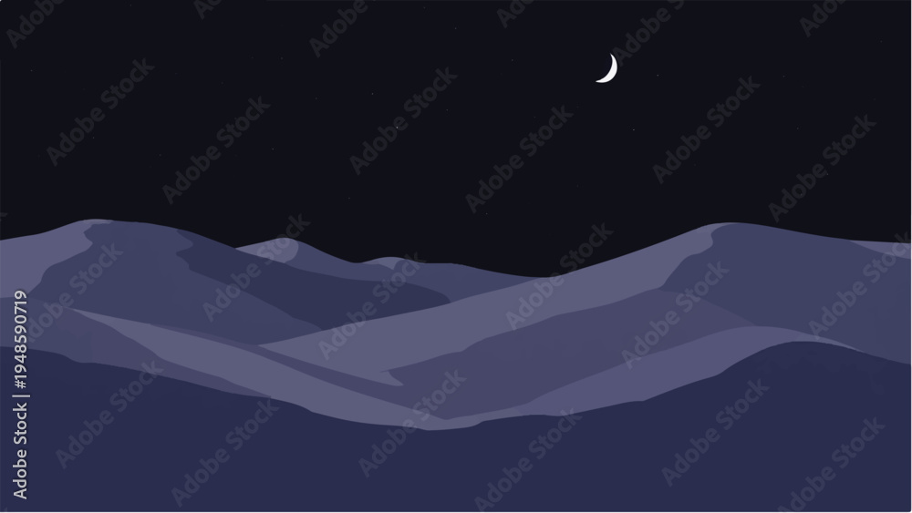 Fototapeta premium Desert dunes at night under starry sky with moon. Illustration of desert landscape at night. 
