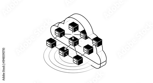 Cloud Computing Network Diagram: Abstract Isometric Servers Connected in Cloud Shape