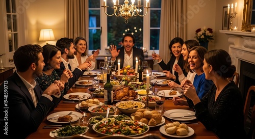 Large group of people sitting around a long table filled with food and drinks in a warmly lit dining room with a chandelier.