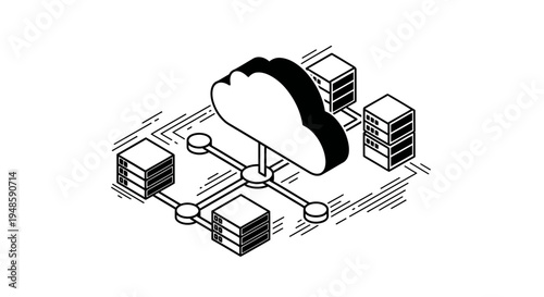 Cloud Computing Network Diagram: Servers Connected to a Central Cloud Icon in Isometric View