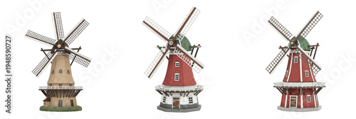 Set and collection of traditional Dutch windmills in red and beige colors from various angles isolated on white transparent PNG background.