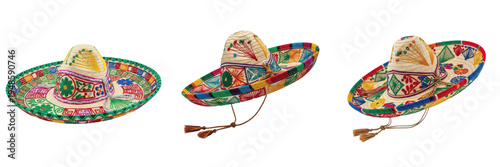 Set and collection of traditional Mexican sombreros with colorful embroidery and wide brims isolated on white transparent PNG background.