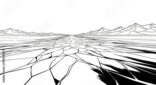 Cracked Dry Earth Landscape with Mountains in Distance, Black and White