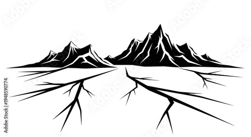 Cracked Earth Landscape with Jagged Mountain Peaks Silhouette
