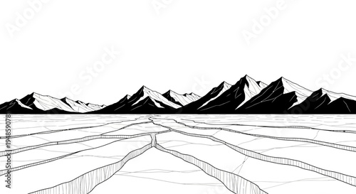 Cracked Ice Field Leading to Majestic Snow-Capped Mountains in Black and White