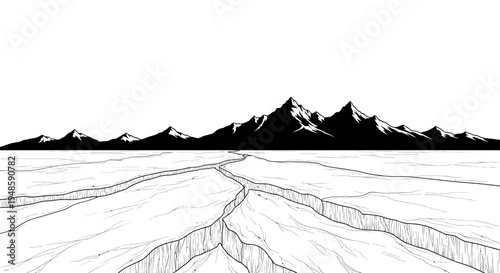 Cracked Ice Field Leading to Majestic Snow-Capped Mountains in Black and White