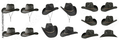 Set and collection of classic black leather cowboy hats from various angles and perspectives isolated on white transparent PNG background.
