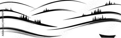 Minimalist mountain landscape silhouette with flowing brushstrokes and small boat isolated on white background vector illustration for peaceful nature design