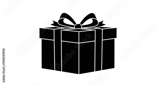 Black Gift Box with Ribbon Bow, Surprise Present Icon, Celebration and Holiday Concept