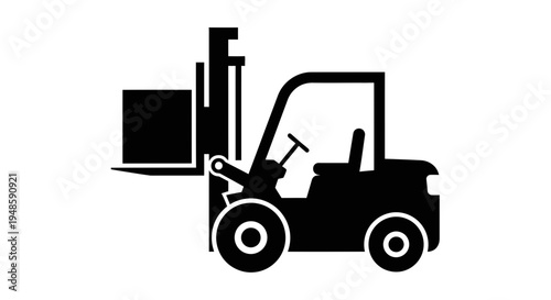 Black forklift icon lifting a box, industrial logistics and material handling symbol
