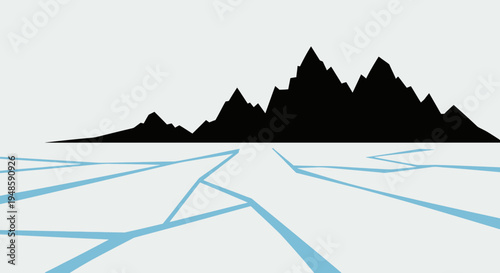 Black mountain silhouette over cracked ice, minimalist arctic landscape