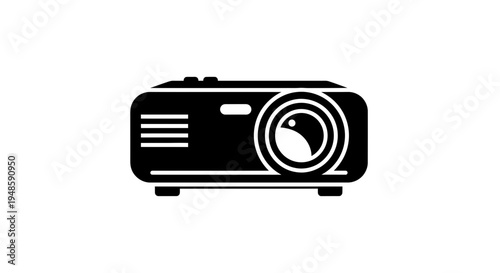 Black projector icon on white background, technology and entertainment symbol