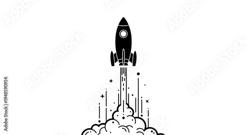 Black Rocket Launching into Space with Smoke and Stars