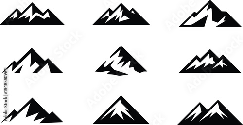 Mountain peak silhouette icon set with snowy summits and jagged ridges isolated on white background vector for outdoor adventure branding