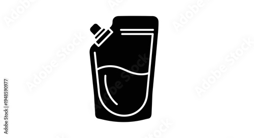 Black silhouette of a pouch with a spout, filled with liquid, isolated on white background.