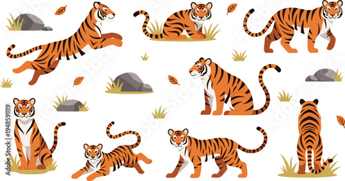 Large vector set of cute cartoon tiger characters in various poses including leaping sitting and walking with jungle grass and nature elements.