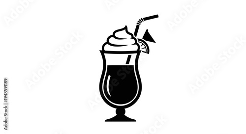 Black and white icon of a cocktail with whipped cream, straw, and lemon slice