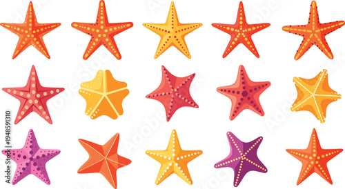 Large collection of colorful starfish vector icons in various shapes and patterns including orange yellow pink and purple sea stars isolated on white.