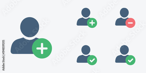 User account management icons with plus minus and checkmark symbols on light gray background