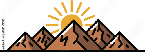 Mountain range with sun rising behind peaks flat vector illustration isolated on white background for outdoor adventure camping design