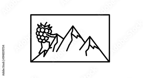 Abstract mountain landscape with a raspberry illustration, minimalist line art