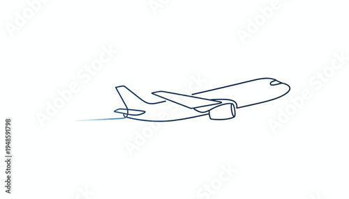Airplane taking off, simple line art, blue outline on white background, travel concept