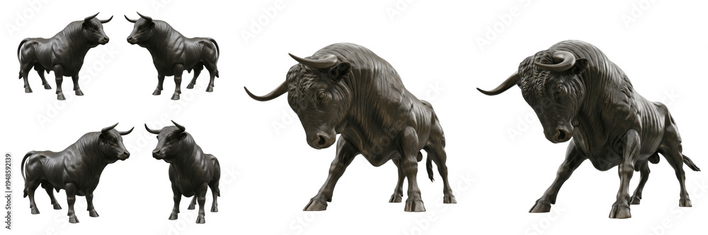 Fototapeta premium Set and collection of Spanish Osborne bull silhouettes and bronze sculptures, iconic symbol of Spain from various angles isolated on white transparent png background.