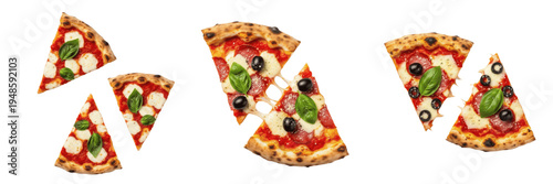 Bild auf Leinwand Set and collection of delicious Italian pizza slices with melted mozzarella, basil, and olives, fresh margherita and pepperoni portions isolated on white transparent png background