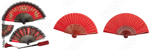 Tableau sur toile Set and collection of elegant red Spanish hand fans with lace and floral embroidery, traditional flamenco folding fans isolated on white transparent png background