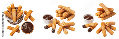 Billede på lærred Set and collection of crispy golden churros with chocolate dipping sauce, traditional Spanish fried dough pastry snacks isolated on white transparent png background