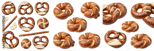 Fotografi Set and collection of fresh German pretzels and lye rolls with salt crystals, traditional Bavarian bakery snacks isolated on white transparent png background