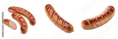 Φωτογραφία Set and collection of delicious grilled bratwurst sausages with grill marks, traditional roasted german frankfurters isolated on white transparent png background