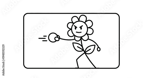 Angry Flower Character Throwing Ball, Cartoon Style
