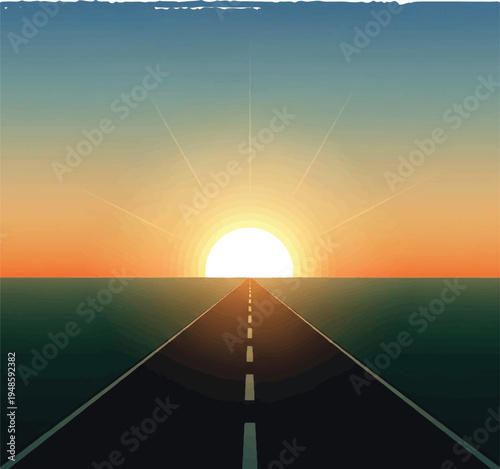 Empty Road Leading to Sunset Horizon.