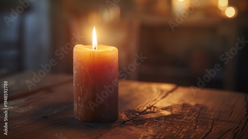 A candle that shines softly on the wooden table, warm ambient light, and a calming and contemplative environment.