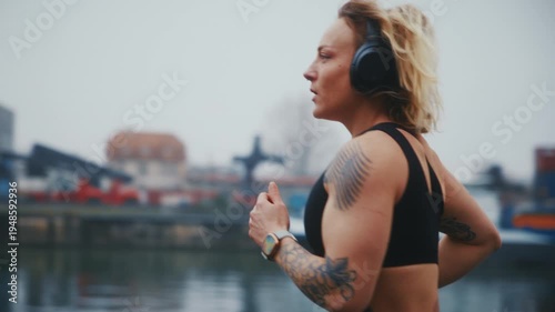 Tattooed Athletic Woman Running with Headphones Along Industrial Harbor Waterfront in Slow Motion