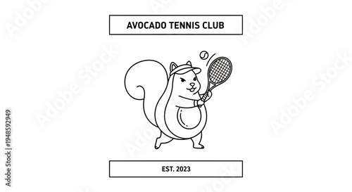Cute Squirrel Playing Tennis with Racket and Ball, Avocado Tennis Club Logo