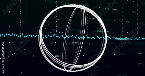 Rotating white elliptical rings forming sphere in abstract dashboard, with turquoise dotted band