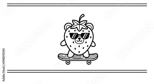 Cute Strawberry Bear Character Riding Skateboard Wearing Sunglasses
