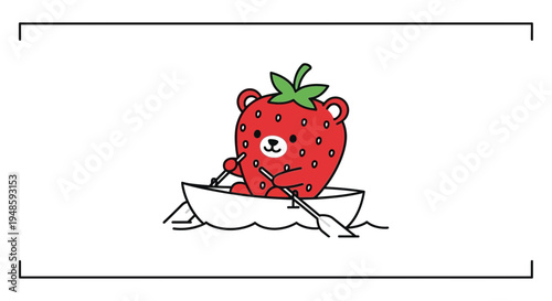Cute Strawberry Bear Rowing Boat Cartoon Illustration