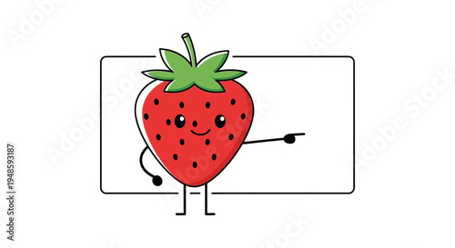 Cute Strawberry Character Pointing to Blank Whiteboard - Healthy Food Concept