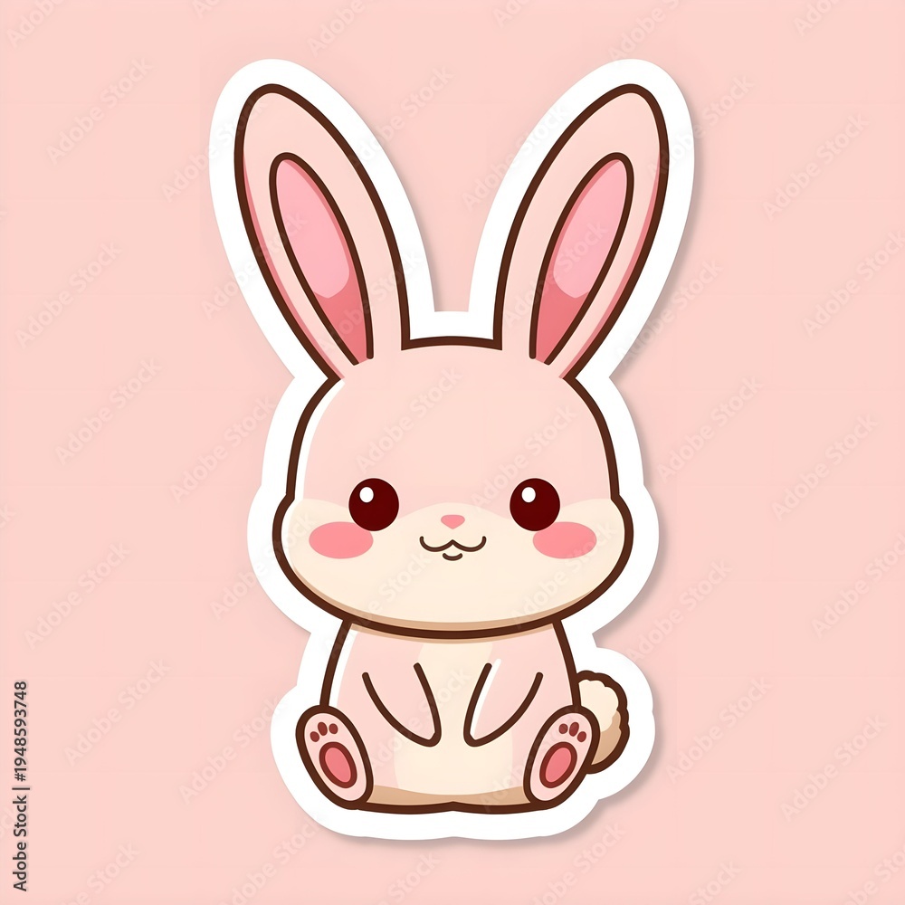 Obraz premium Cute Kawaii Bunny Sticker Cartoon Illustration, Adorable Rabbit Character with Pink Ears