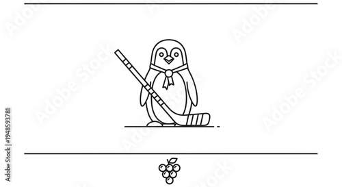 Cute Penguin Character with Hockey Stick, Line Art Illustration